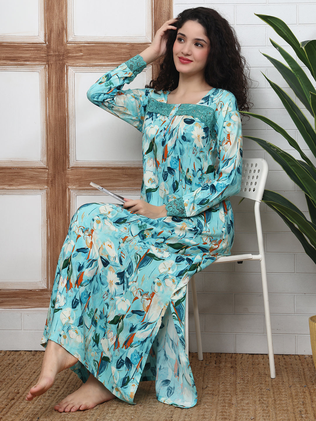 Blue Floral Printed Viscose Rayon Nighty For Women | Claura