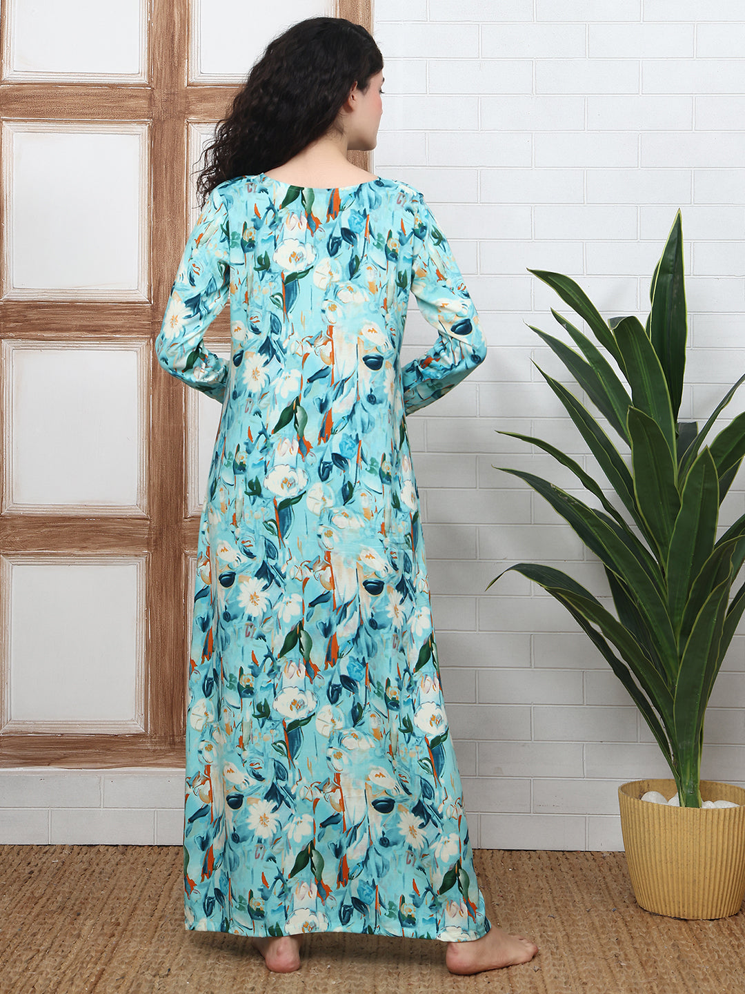 Blue Floral Printed Viscose Rayon Nighty For Women | Claura