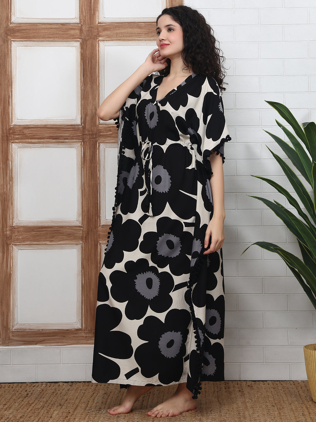 Black floral printed Kaftan Dress sleeve detail