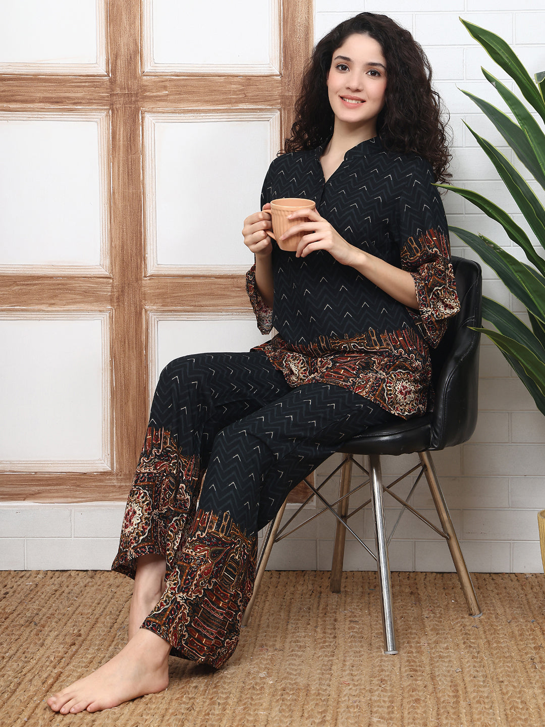 Black Viscose Rayon Abstract Printed Co-ord Set for Women | Claura