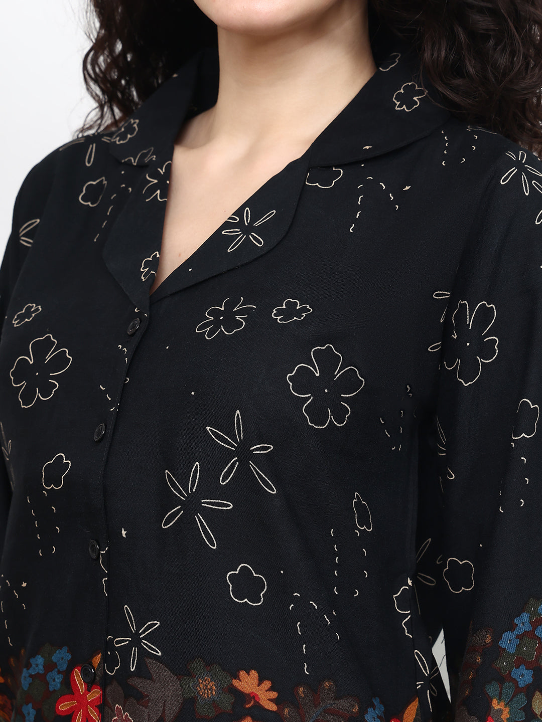 Black Color Viscose Rayon Floral Printed Night Suit for Women | Claura