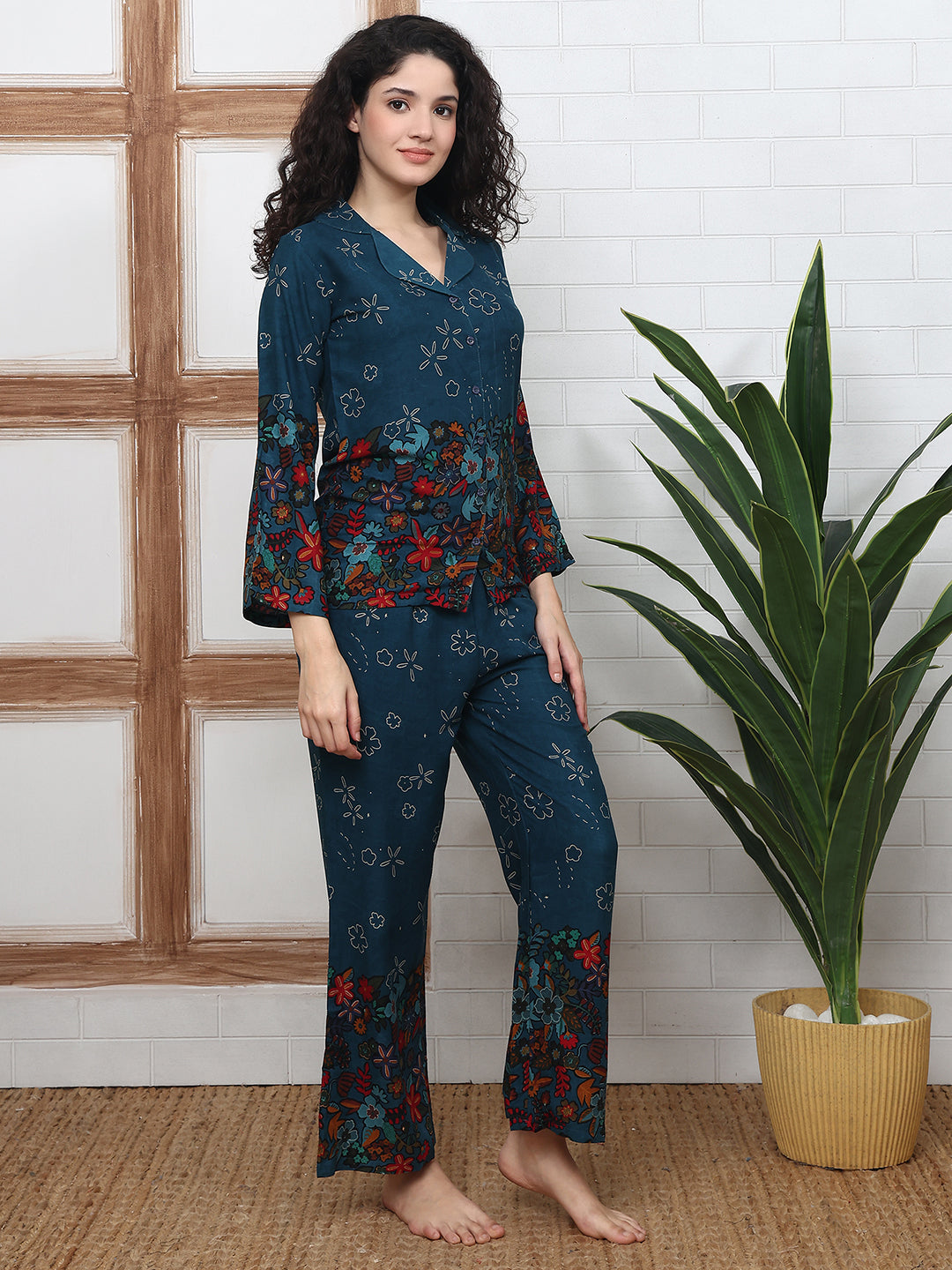 Teal Blue Viscose Rayon Floral Printed Night Suit for Women | Claura