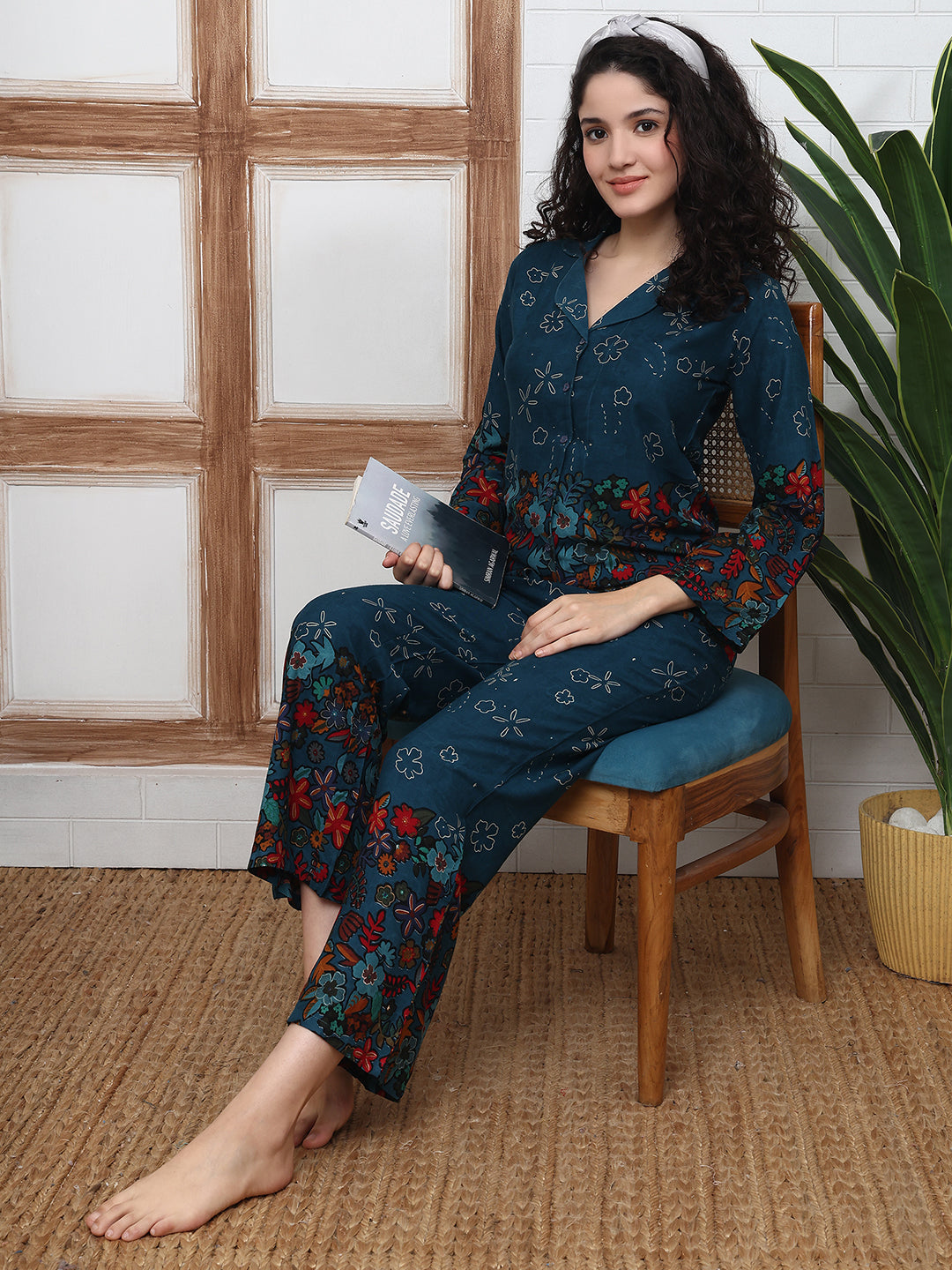 Teal Blue Viscose Rayon Floral Printed Night Suit for Women | Claura