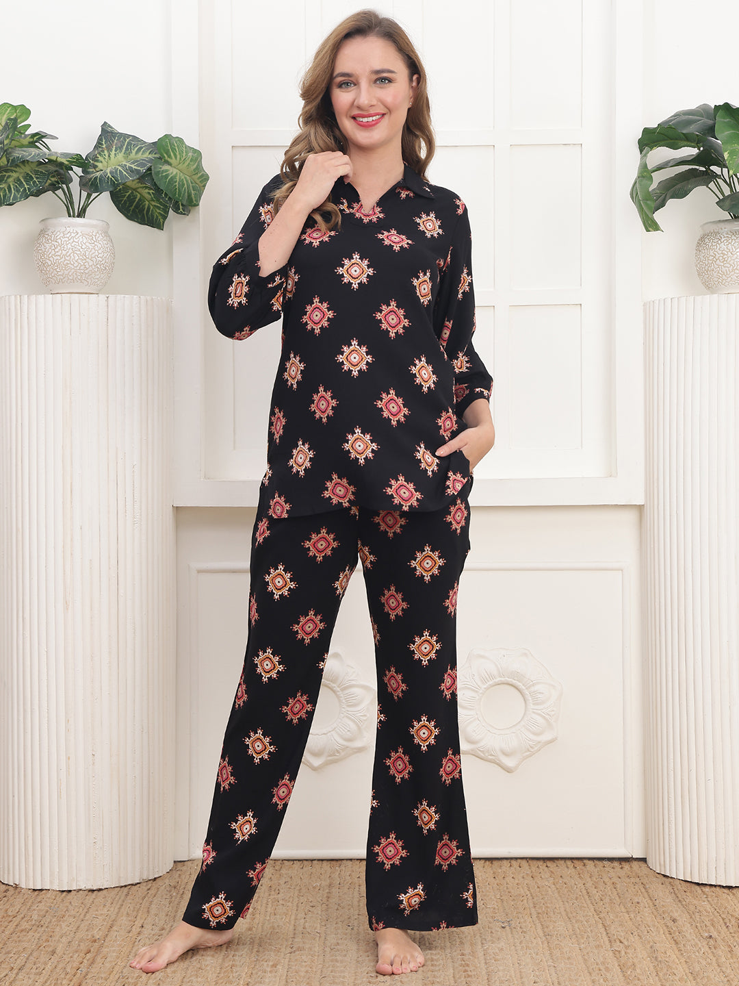 Black Viscose Rayon Abstract Printed Night Suit for Women | Claura