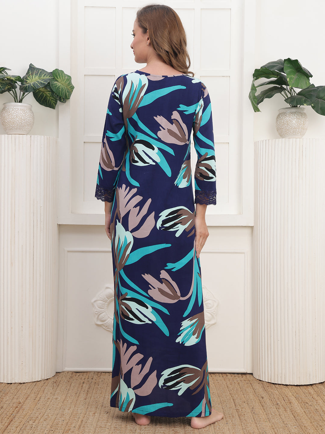 Navy Abstract Printed Viscose Rayon Nighty For Women | Claura