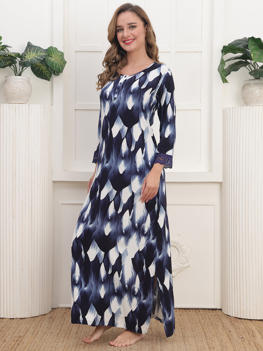 Navy Abstract Printed Viscose Rayon Nighty For Women | Claura