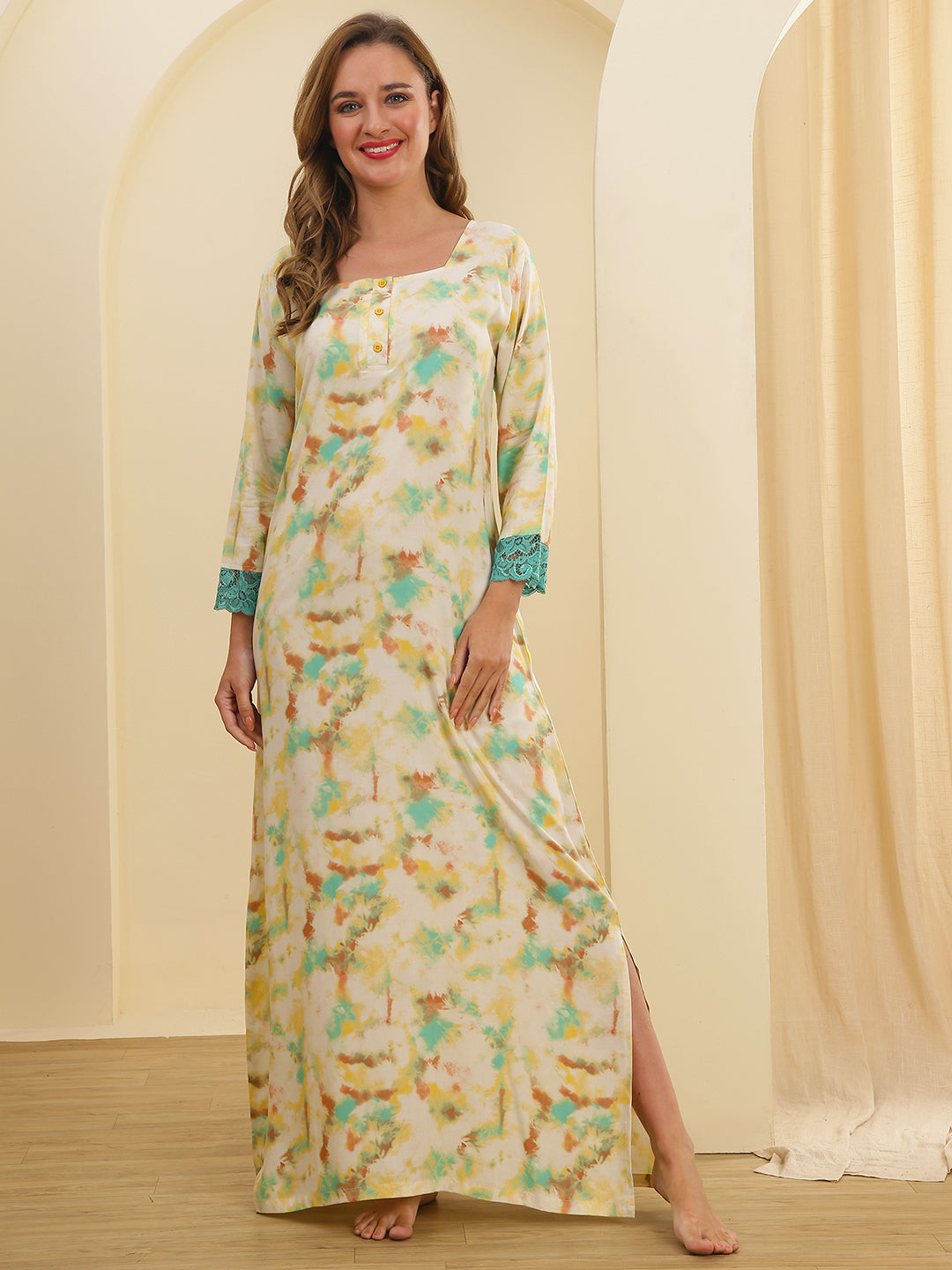 Yellow Colour Floral Printed Viscose Rayon Nighty For Women