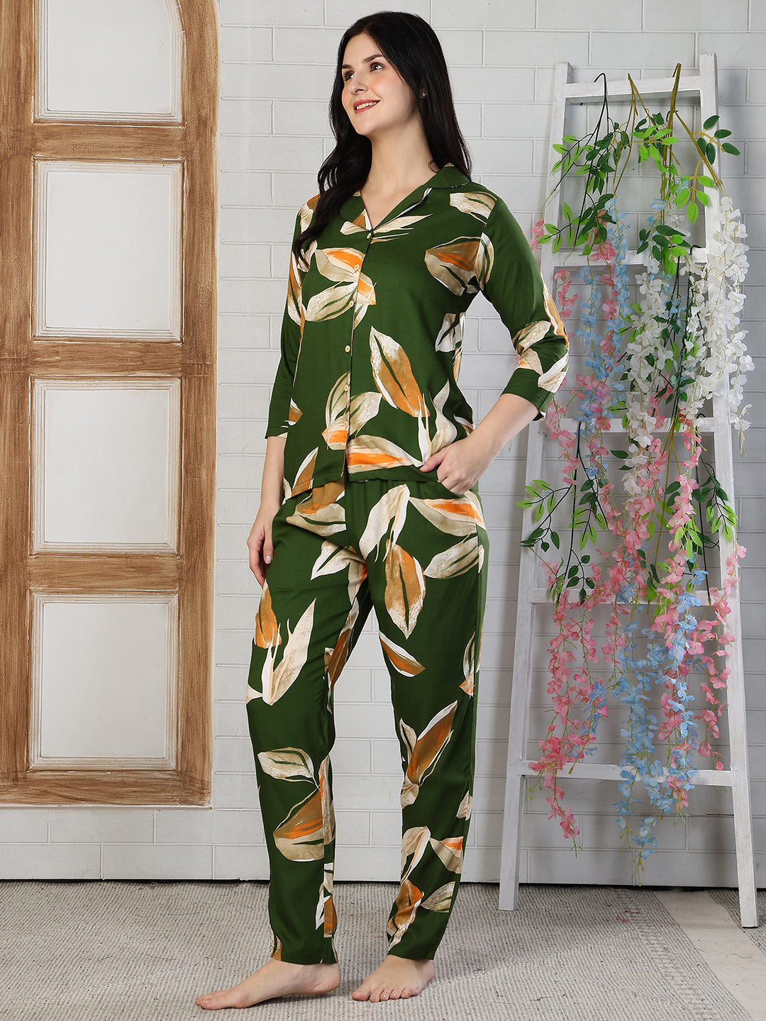 Green Abstract Printed Viscose Rayon Night Suit For Women | Claura