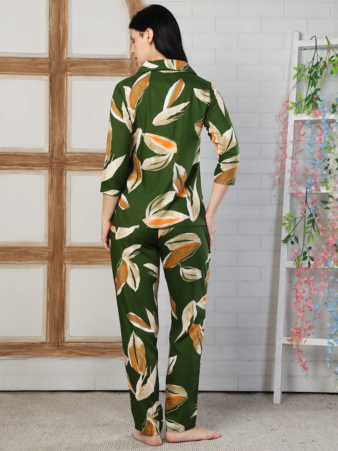 Green Abstract Printed Viscose Rayon Night Suit For Women | Claura