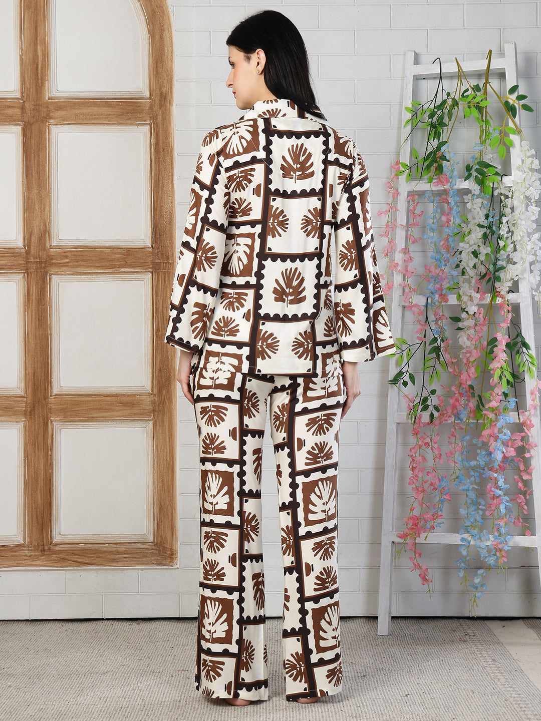 Brown Viscose Rayon Abstract Printed Night Suit for Women | Claura