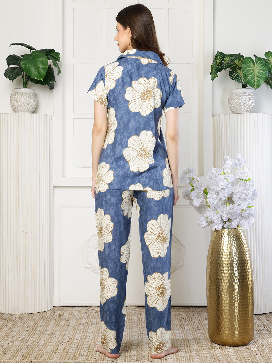 Blue night suit for women – rayon floral sleepwear | Claura