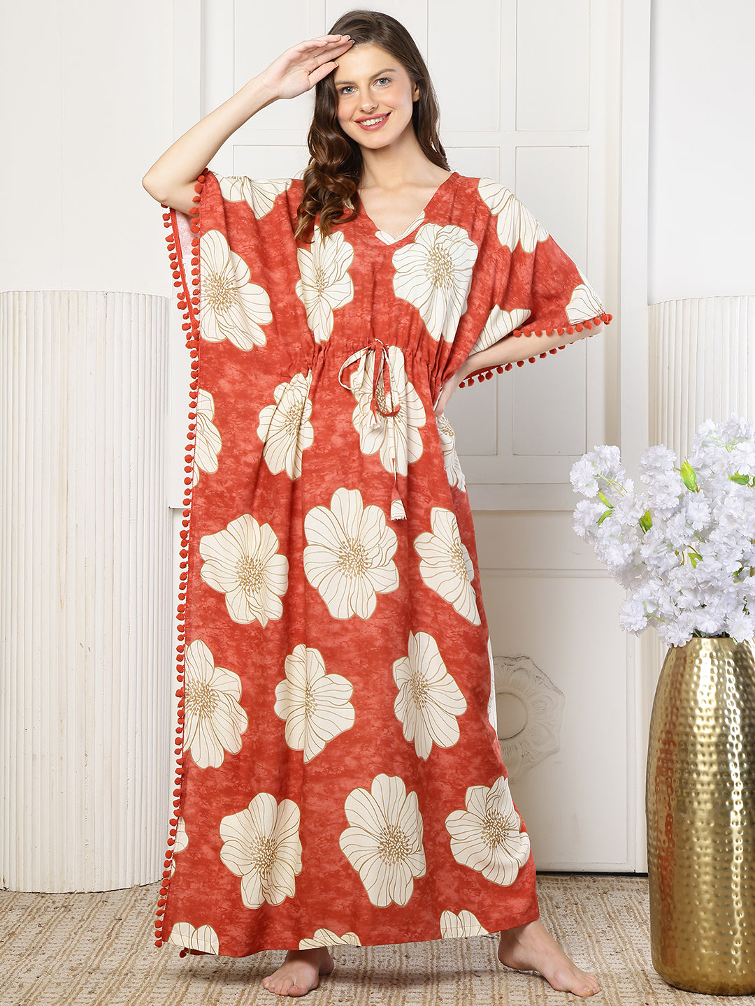 Red Color Floral Printed Viscose Rayon Kaftan | Claura