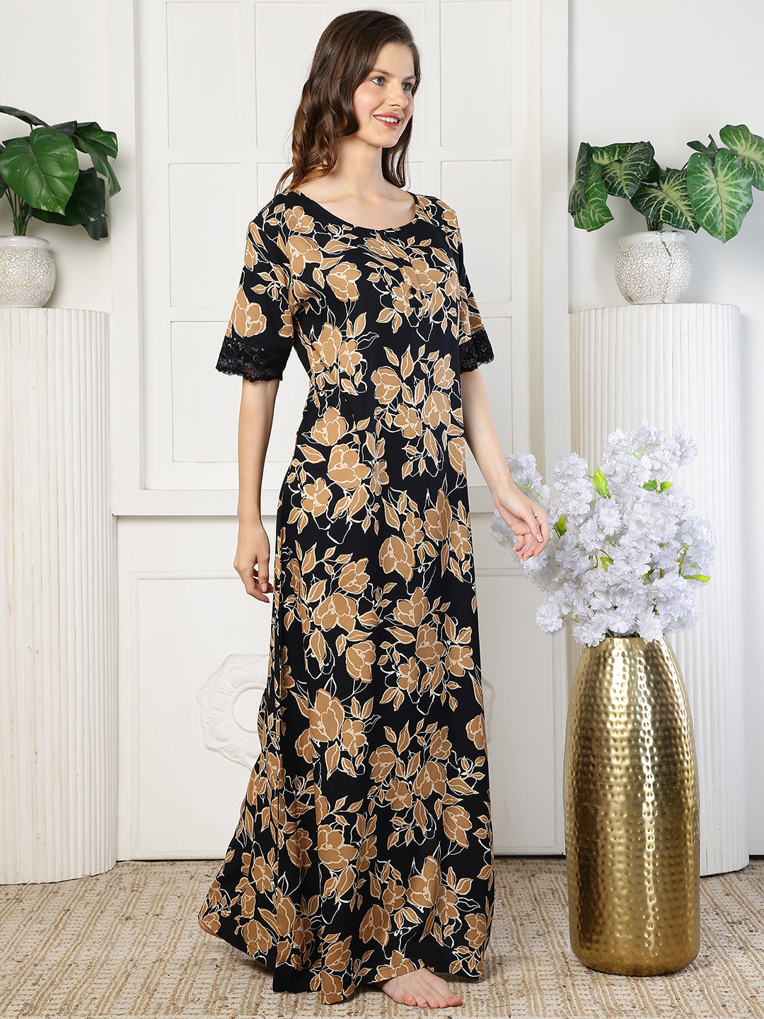 Black Color Abstract Printed Viscose Rayon Nighty | Claura