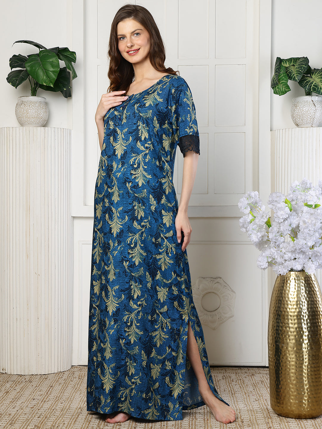 Blue Color Abstract Printed Viscose Rayon Nighty | Claura
