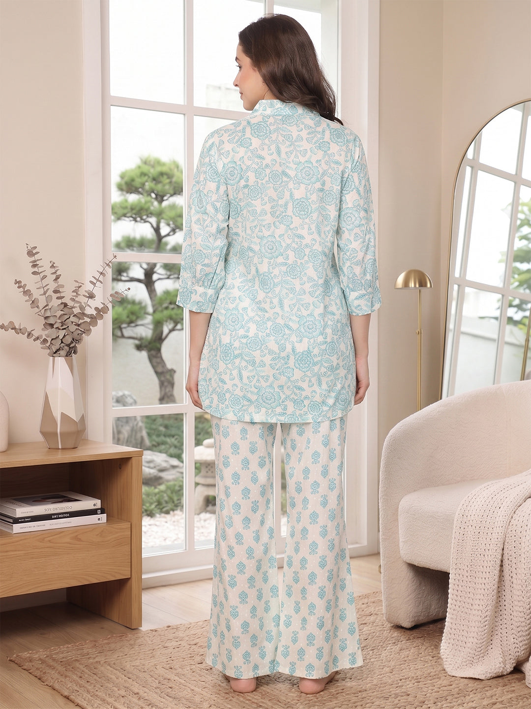 Blue Floral Printed Cotton Night Suit For Women | Claura