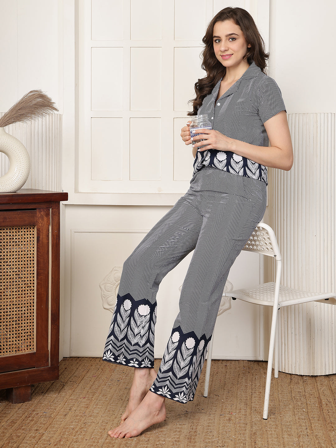 Blue Floral Border Printed Cotton Shirt & Pyjama Night Suit | Claura