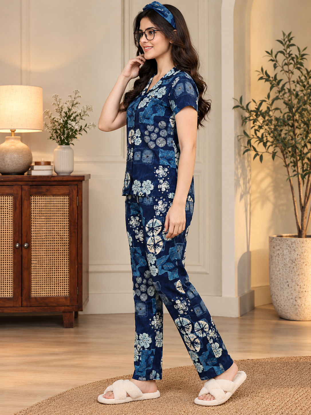 Navy Blue Abstract Printed Rayon Night Suit for Women | Claura