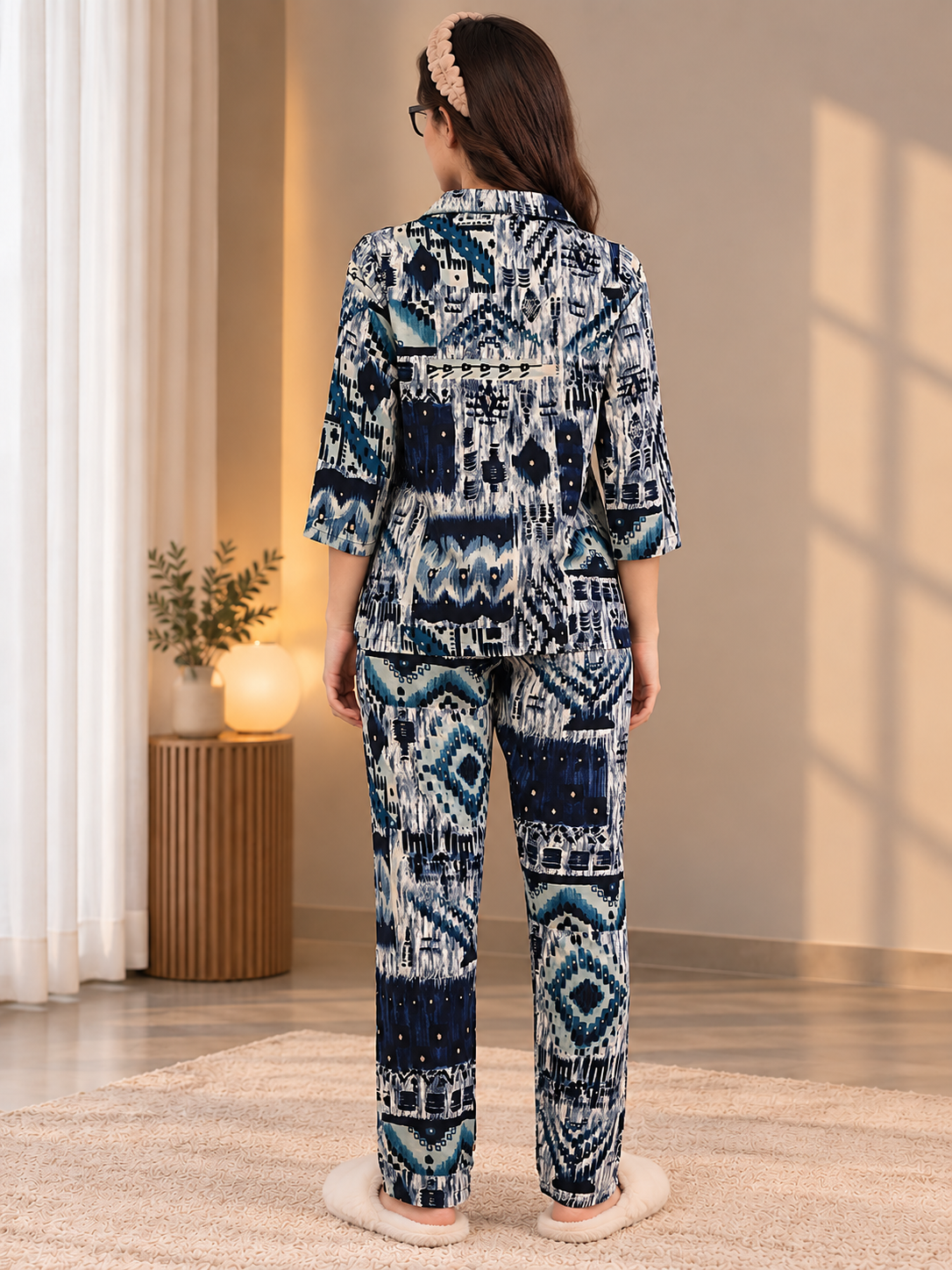Blue Abstract Viscose Rayon Night Suit for Women | Claura