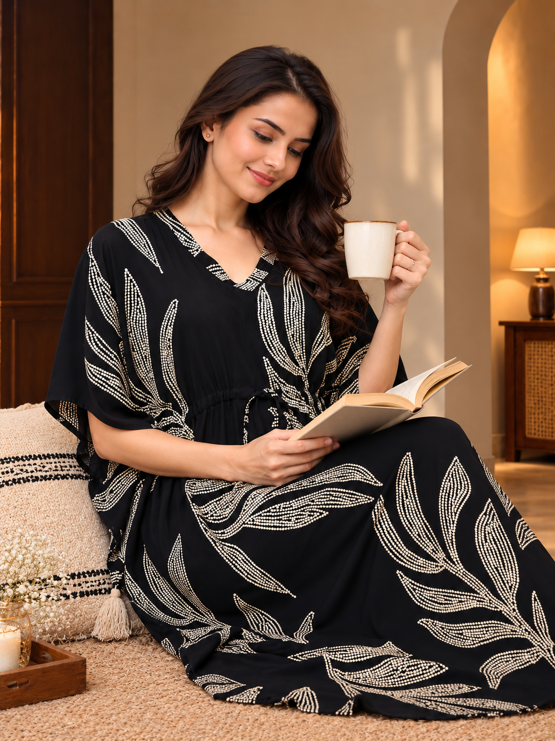 Black Floral Rayon Kaftan Dress for Women | Claura