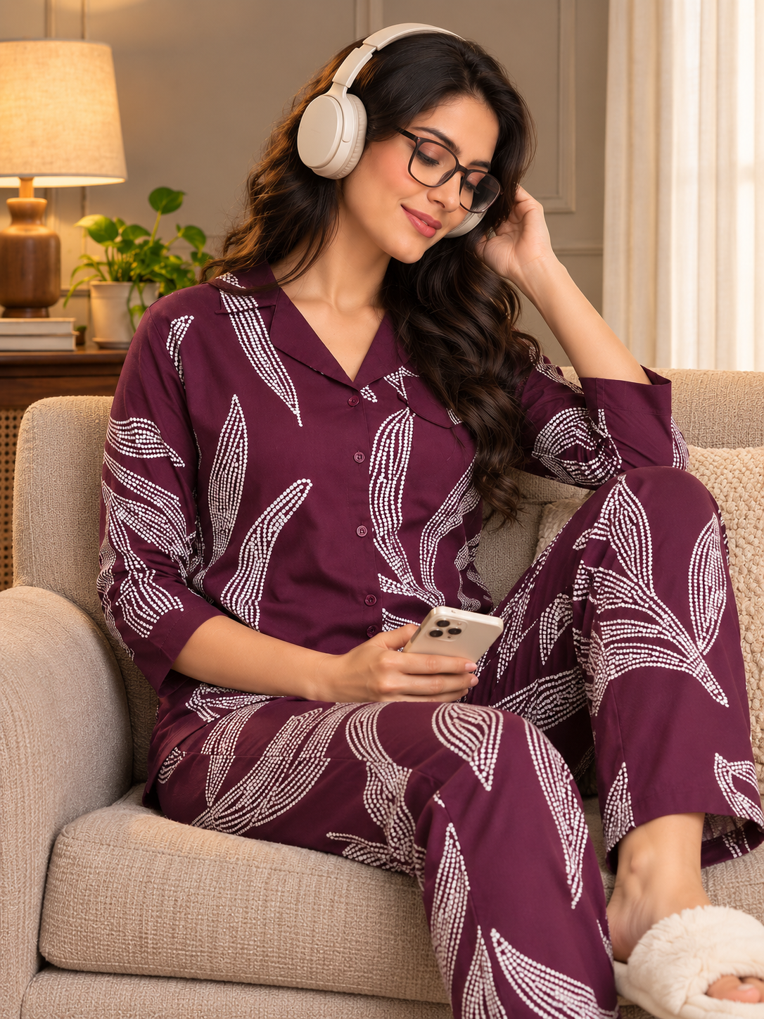 Purple Floral Viscose Rayon Night Suit for Women | Claura