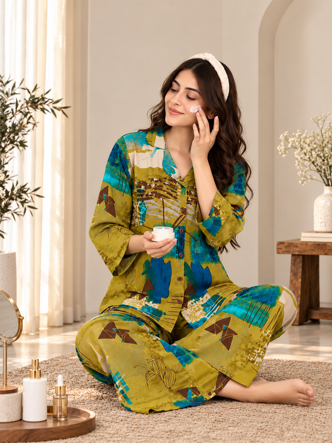 Olive Green Viscose Rayon Full Sleeve Night Suit for Women | Claura