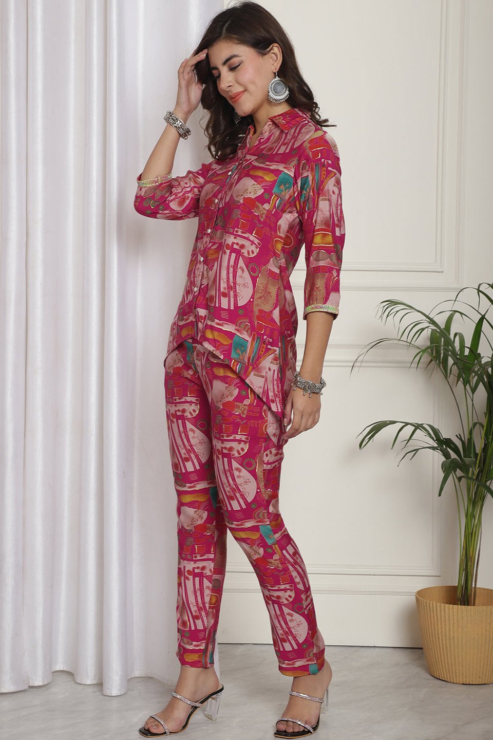 Pink abstract printed co-ord set with matching shirt and trousers