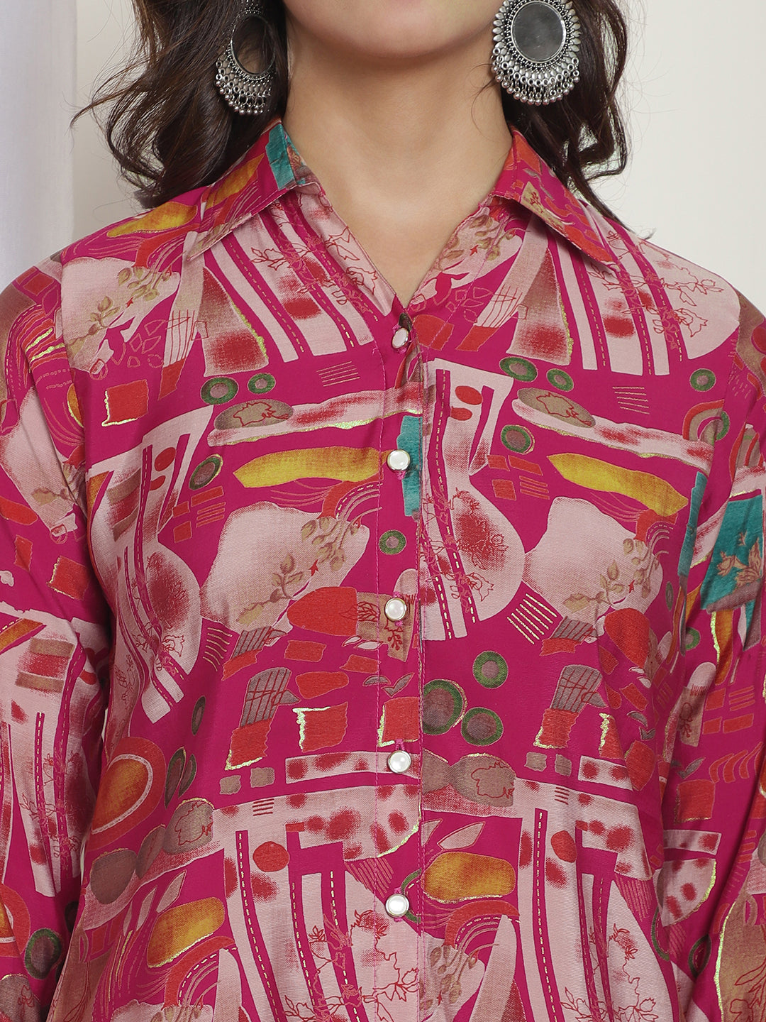 Pink abstract printed co-ord set with matching shirt and trousers