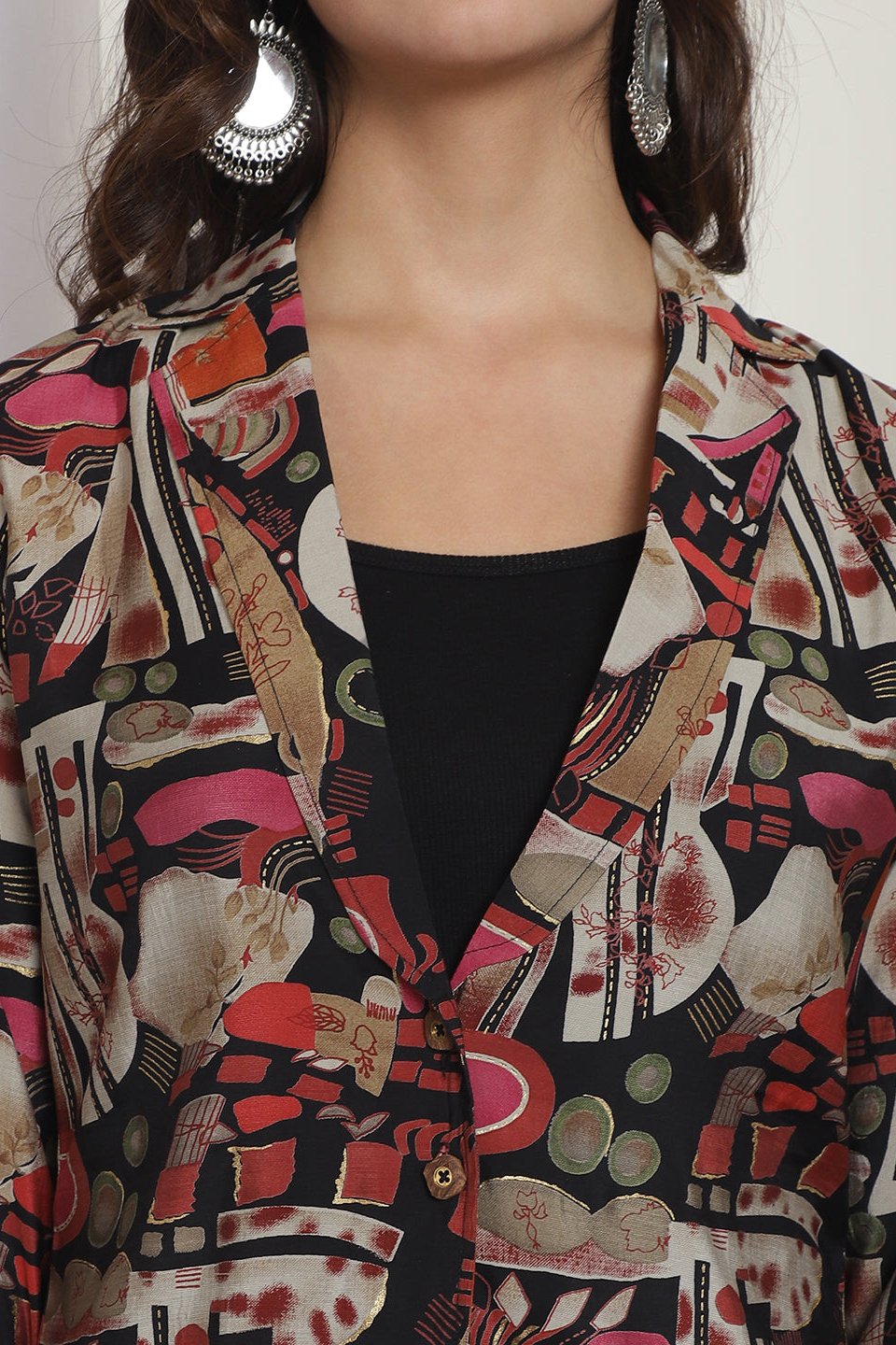Close-up of Chanderi Silk fabric on Black Co-Ord Set jacket