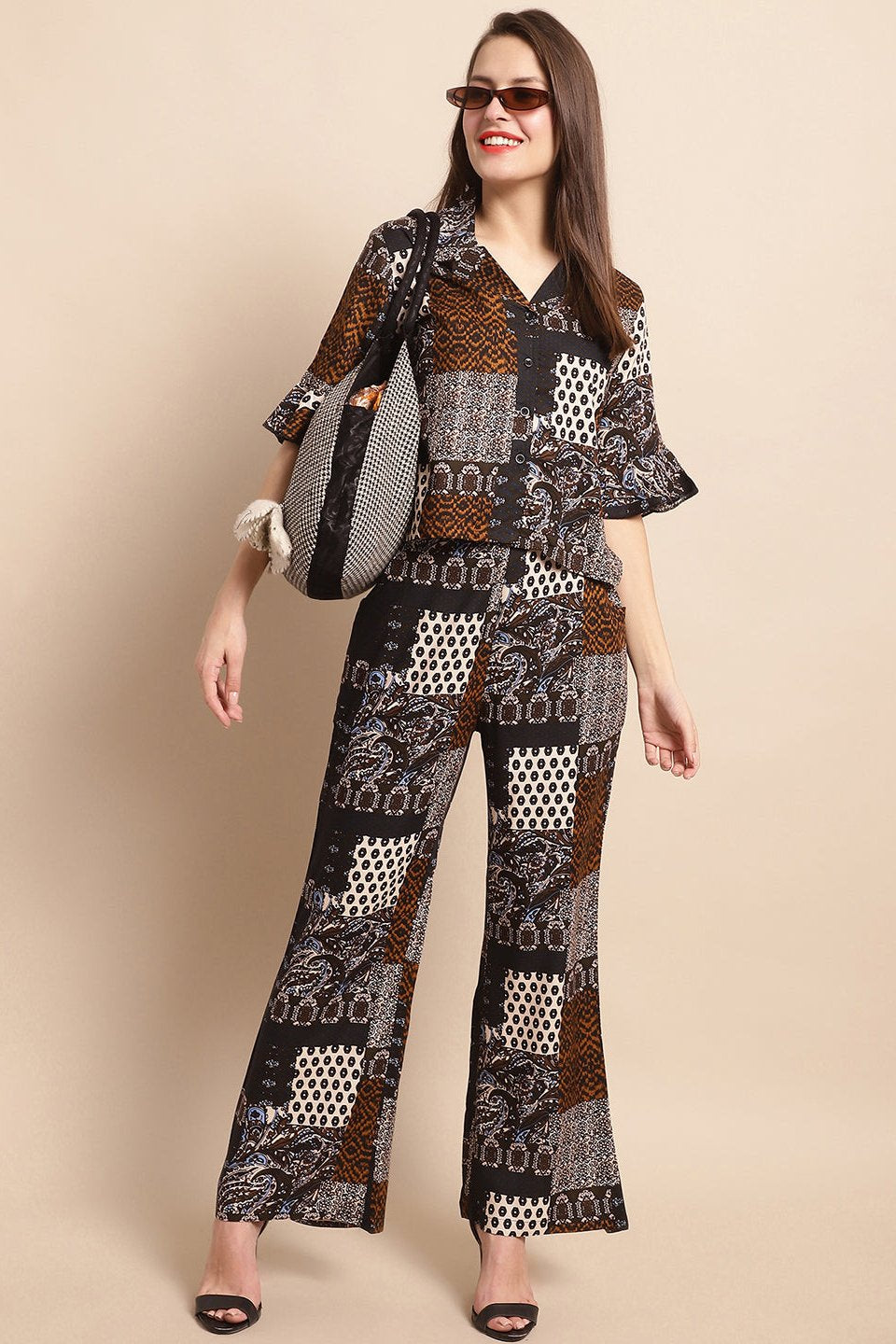 Black & White Abstract Printed Viscose Rayon Co-Ord Set for Women | Claura