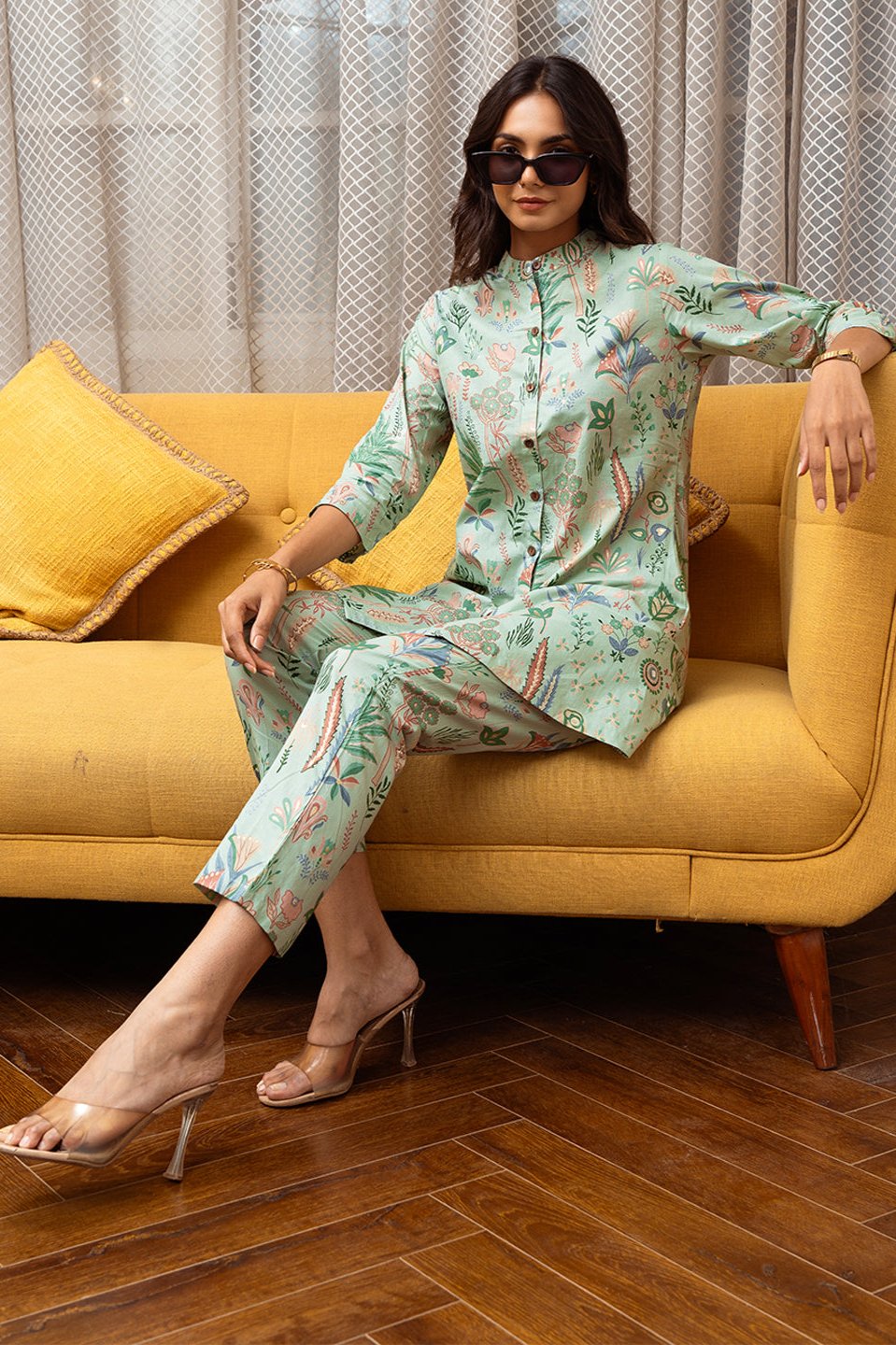 Close-up of cotton fabric and abstract print on Green Co-Ord Set