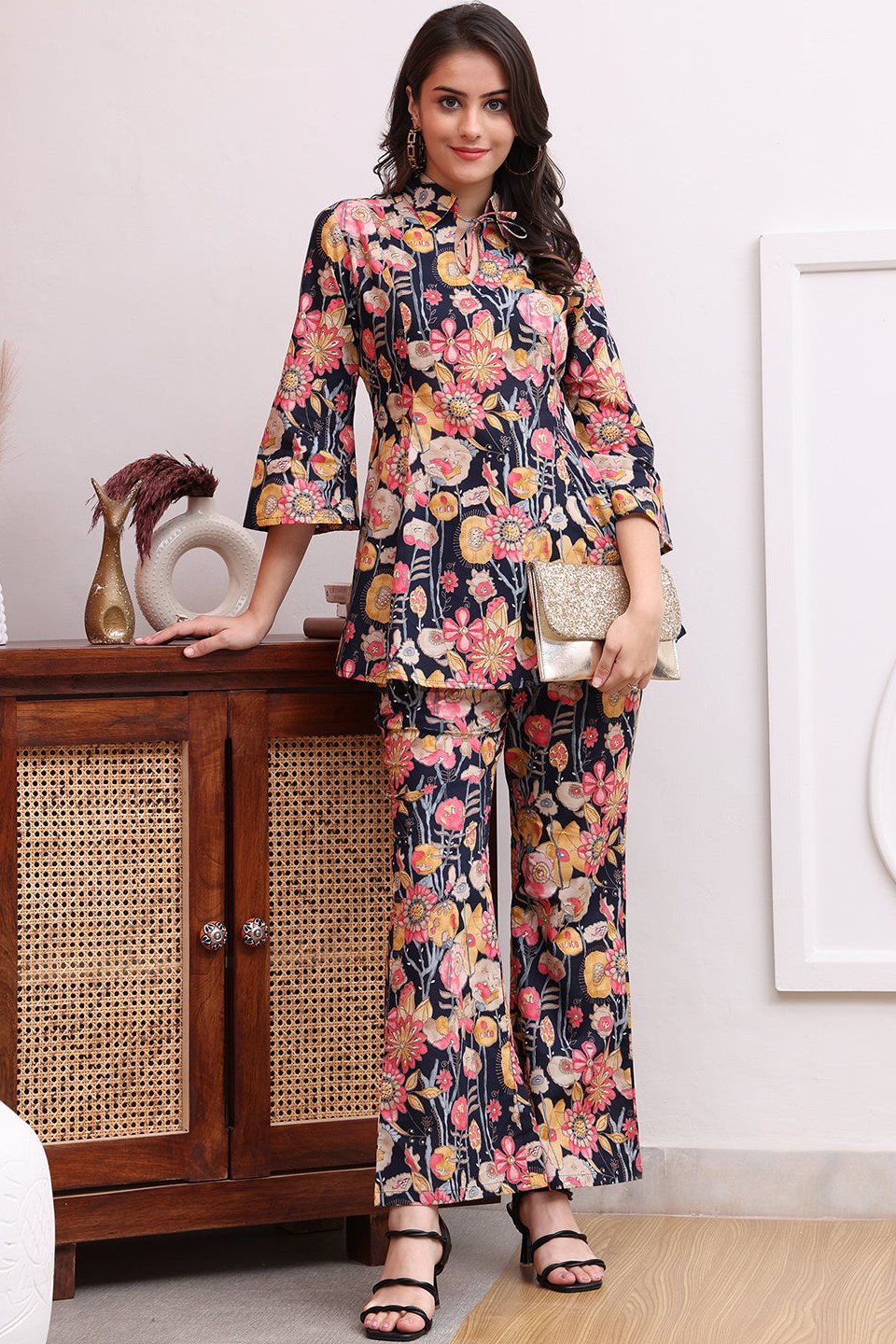 Navy Floral Co-Ord Set with comfortable trousers & button-down tunic