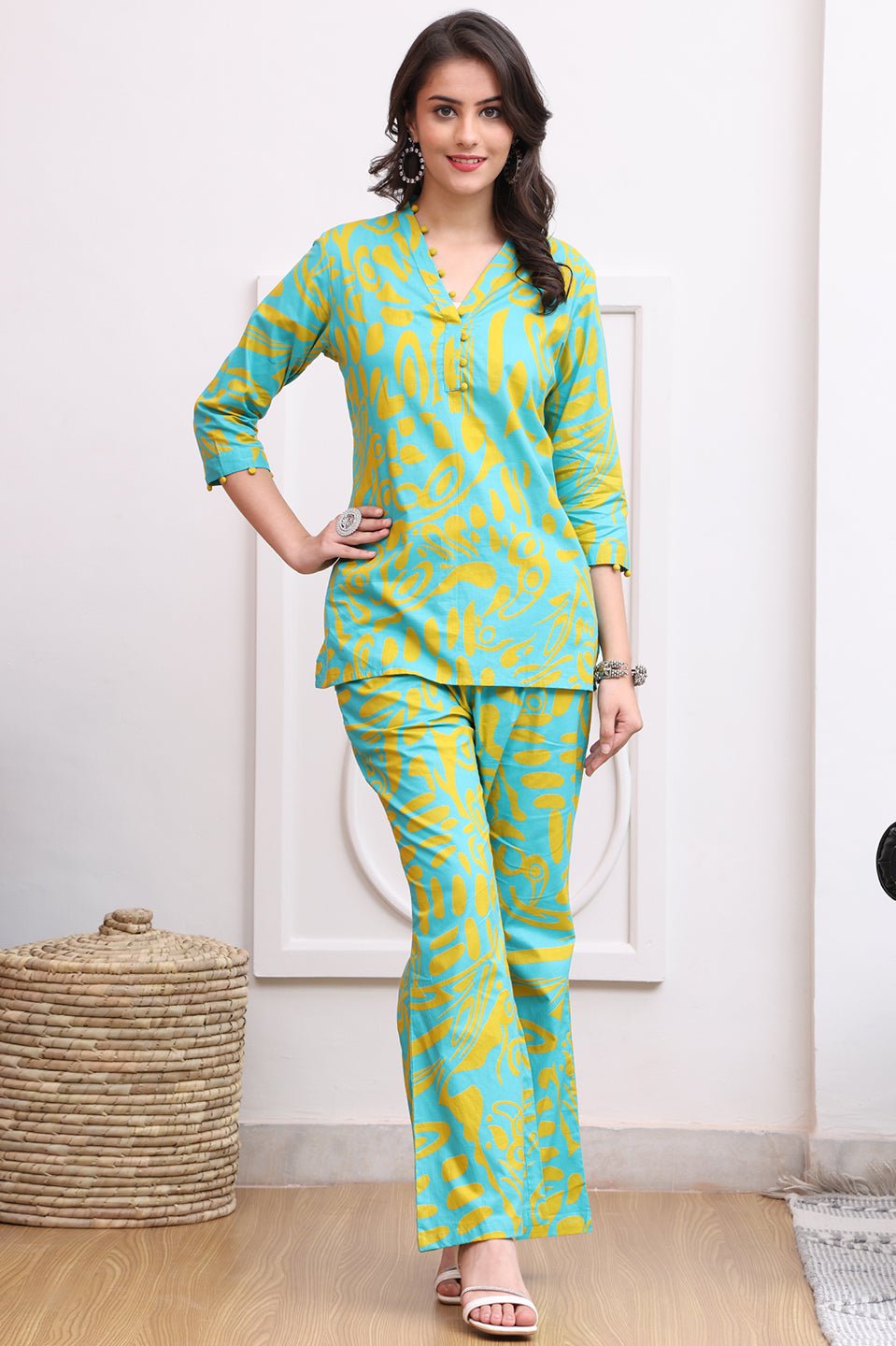 Blue Tunic Co-Ord Set with Trousers & 3/4 Sleeves