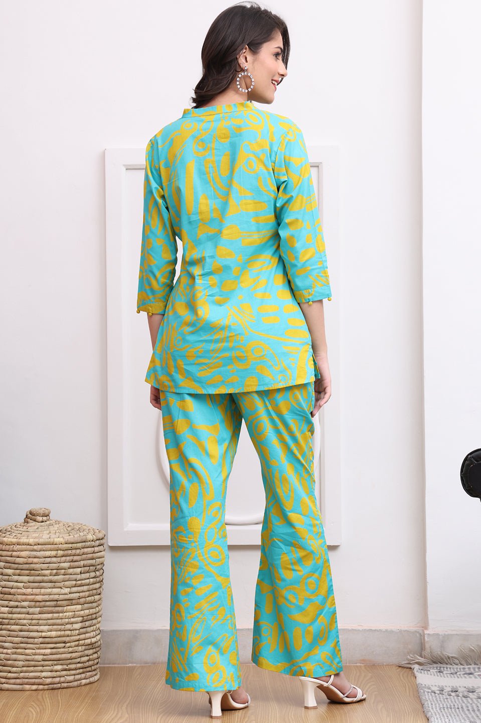 Back view of model styling Blue co-ord outfit