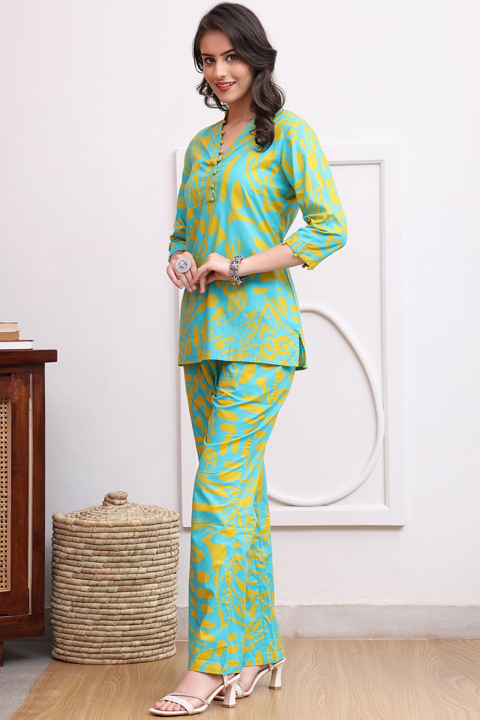 Lifestyle shot of Abstract Tunic and Trousers Co-Ord Set