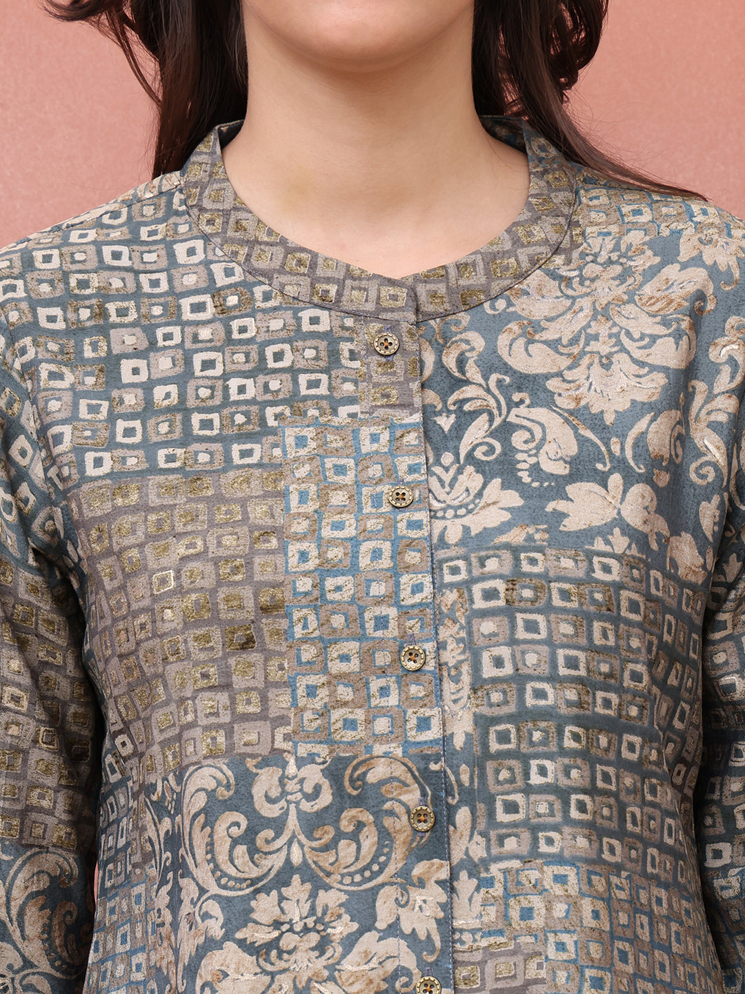 Grey Abstract Printed Chanderi Co-Ord Set | Claura