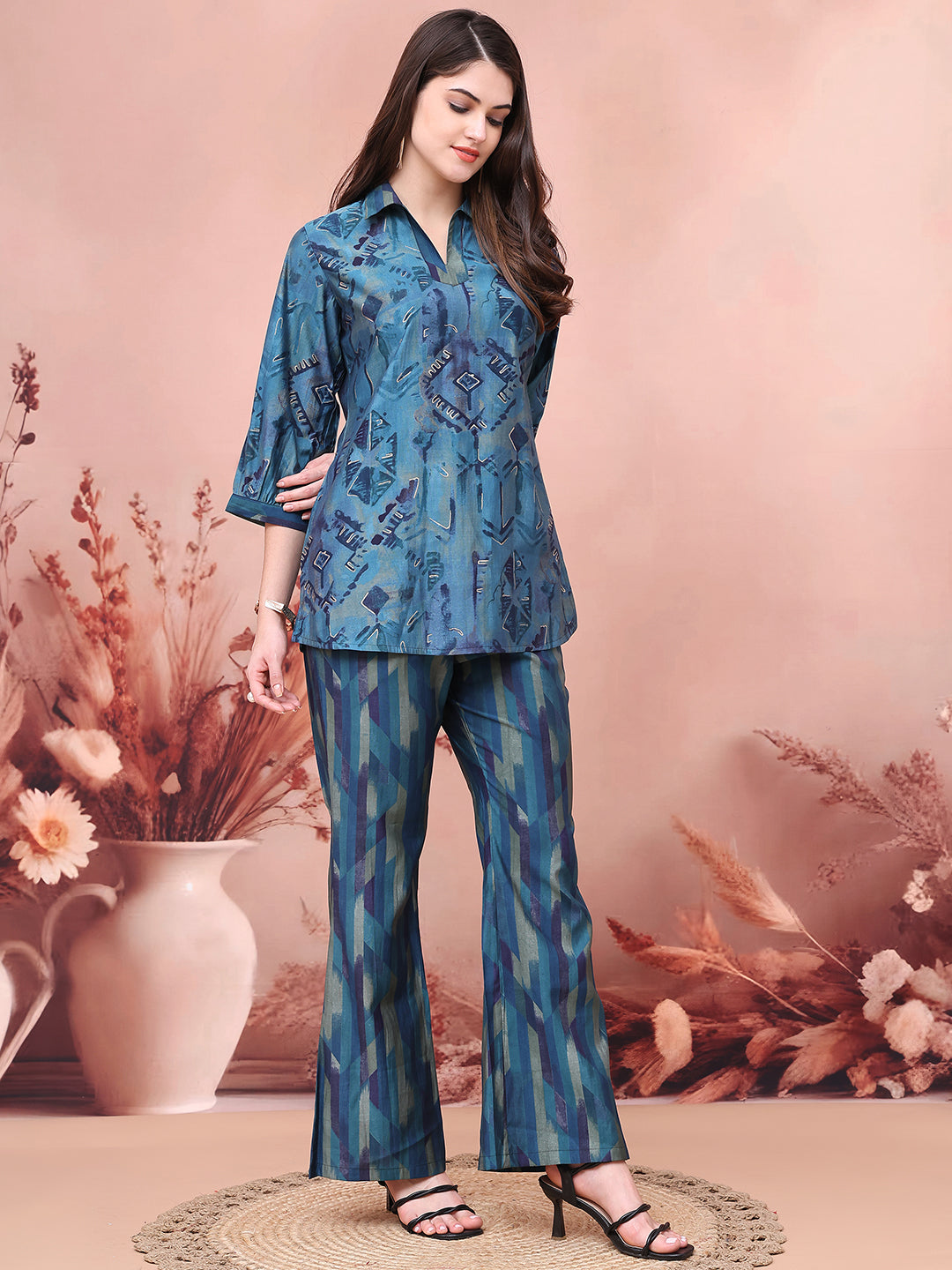 Blue Abstract Co-Ord Set with relaxed trousers & tailored tunic top.