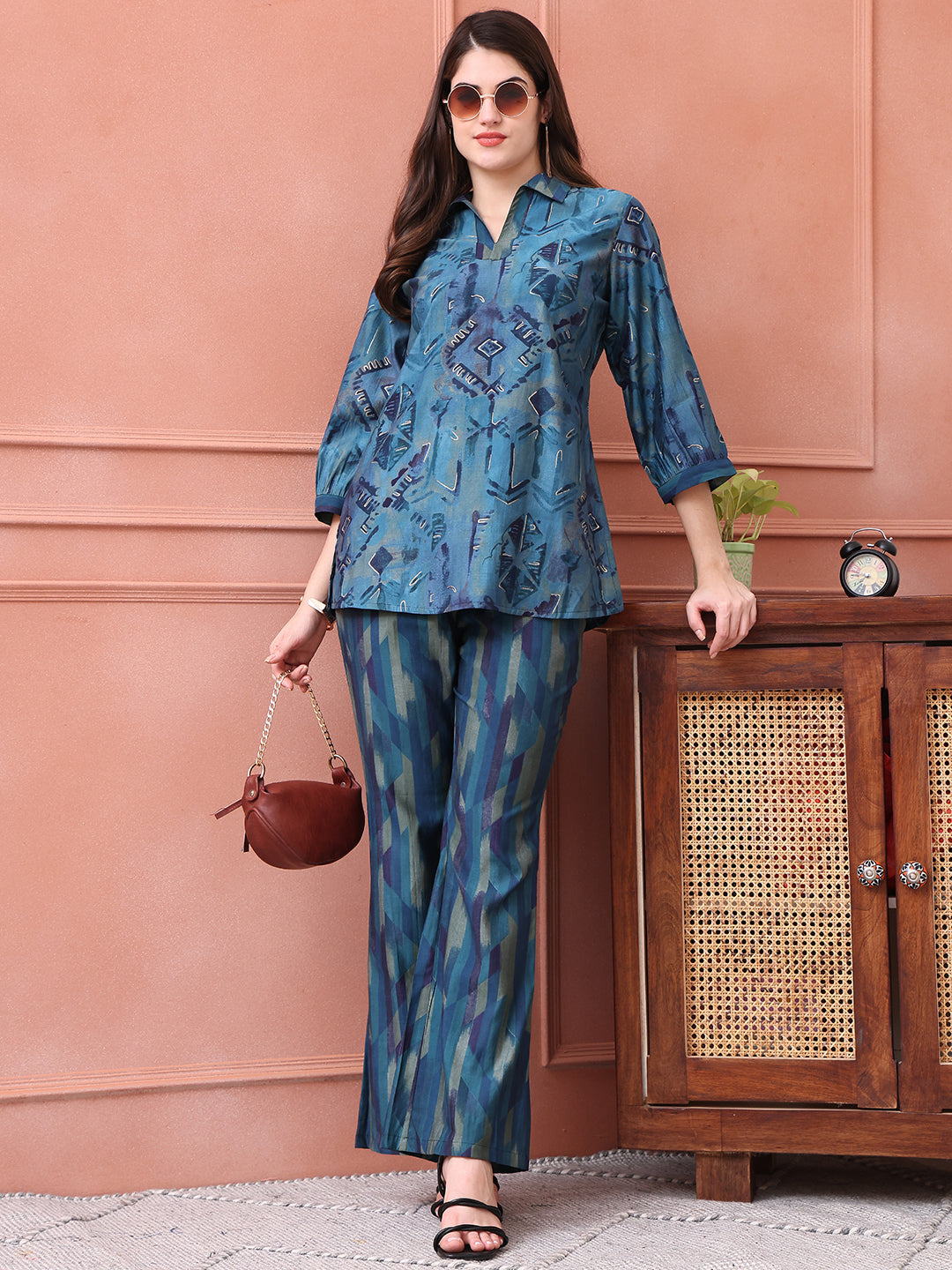 Woman wearing Blue Abstract Printed Co-Ord Set