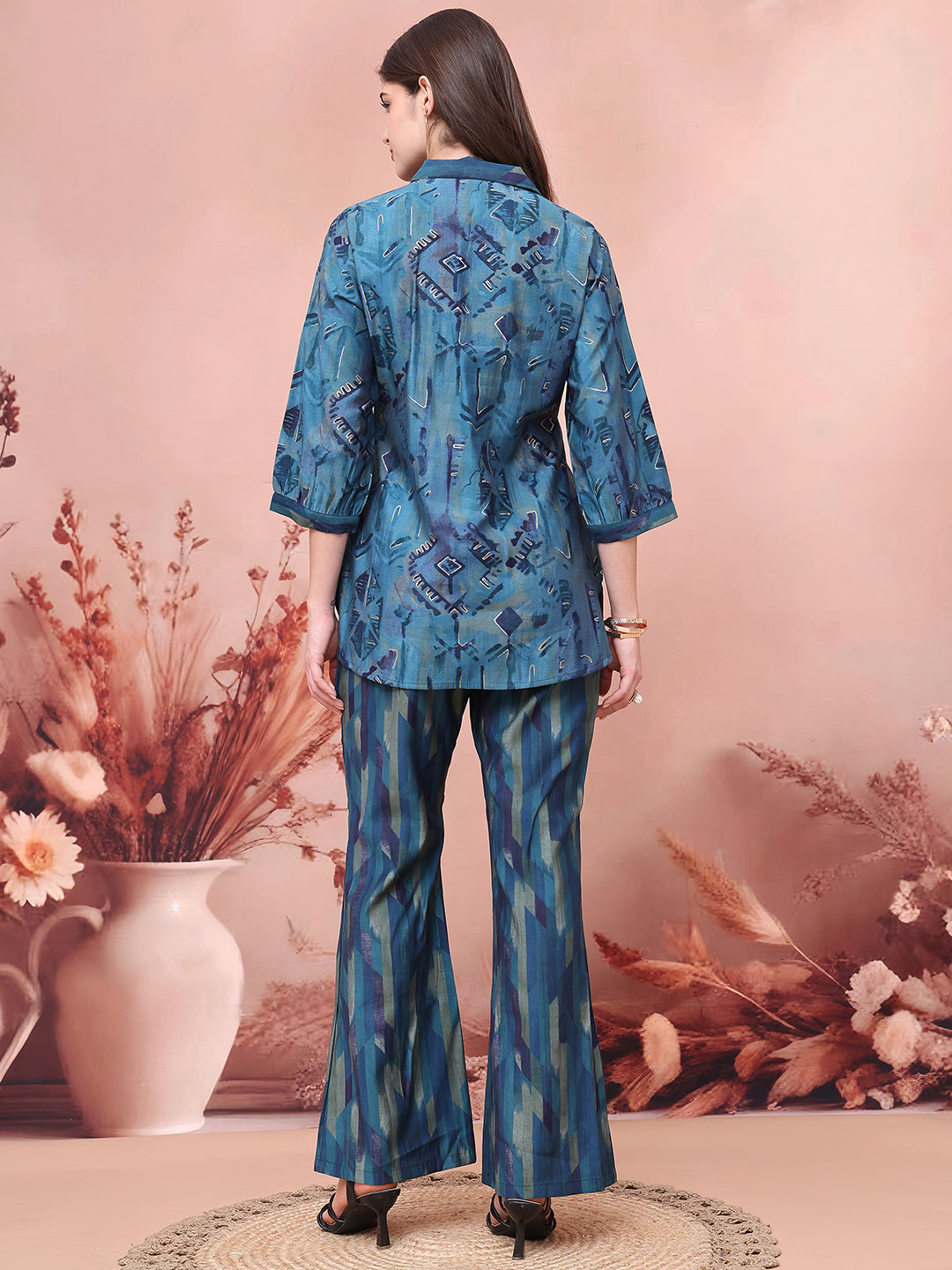 Lifestyle shot of Abstract Print Co-Ord Set for travel and day wear.