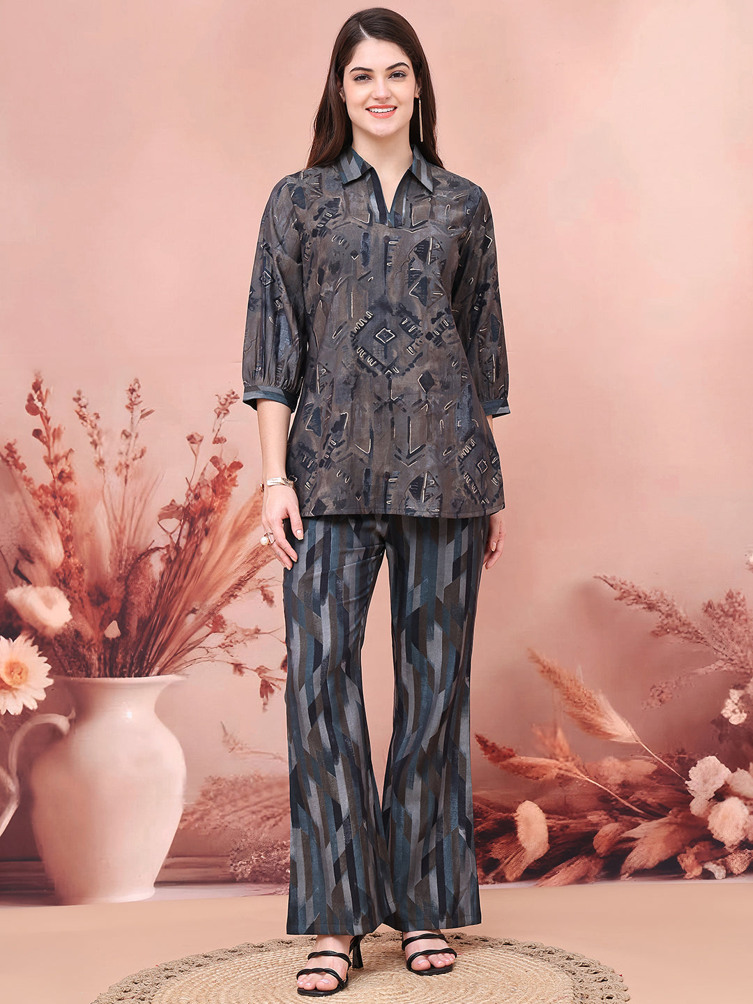 Lifestyle shot of Abstract Printed Co-Ord Set for a brunch look