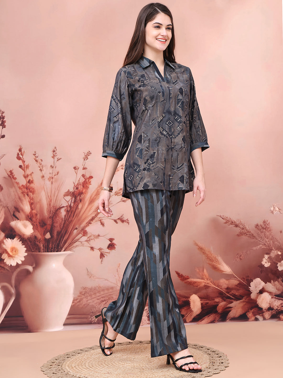 Grey Co-Ord Set with relaxed trousers and shirt collar top