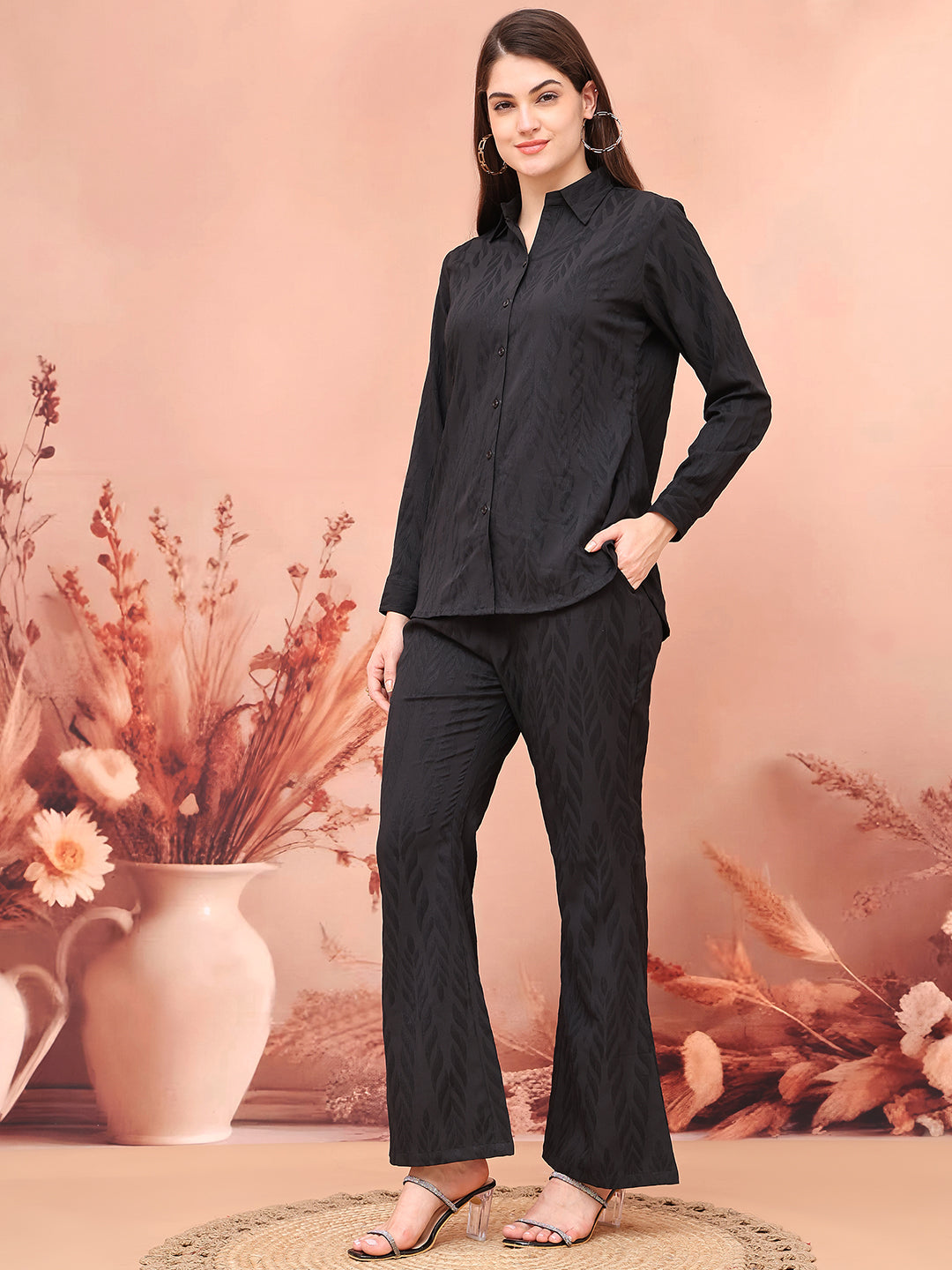 Back view of model styling Black co-ord outfit