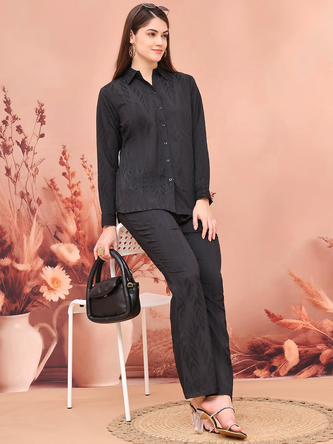 Lifestyle shot of Black Self-Design Co-Ord Set near window