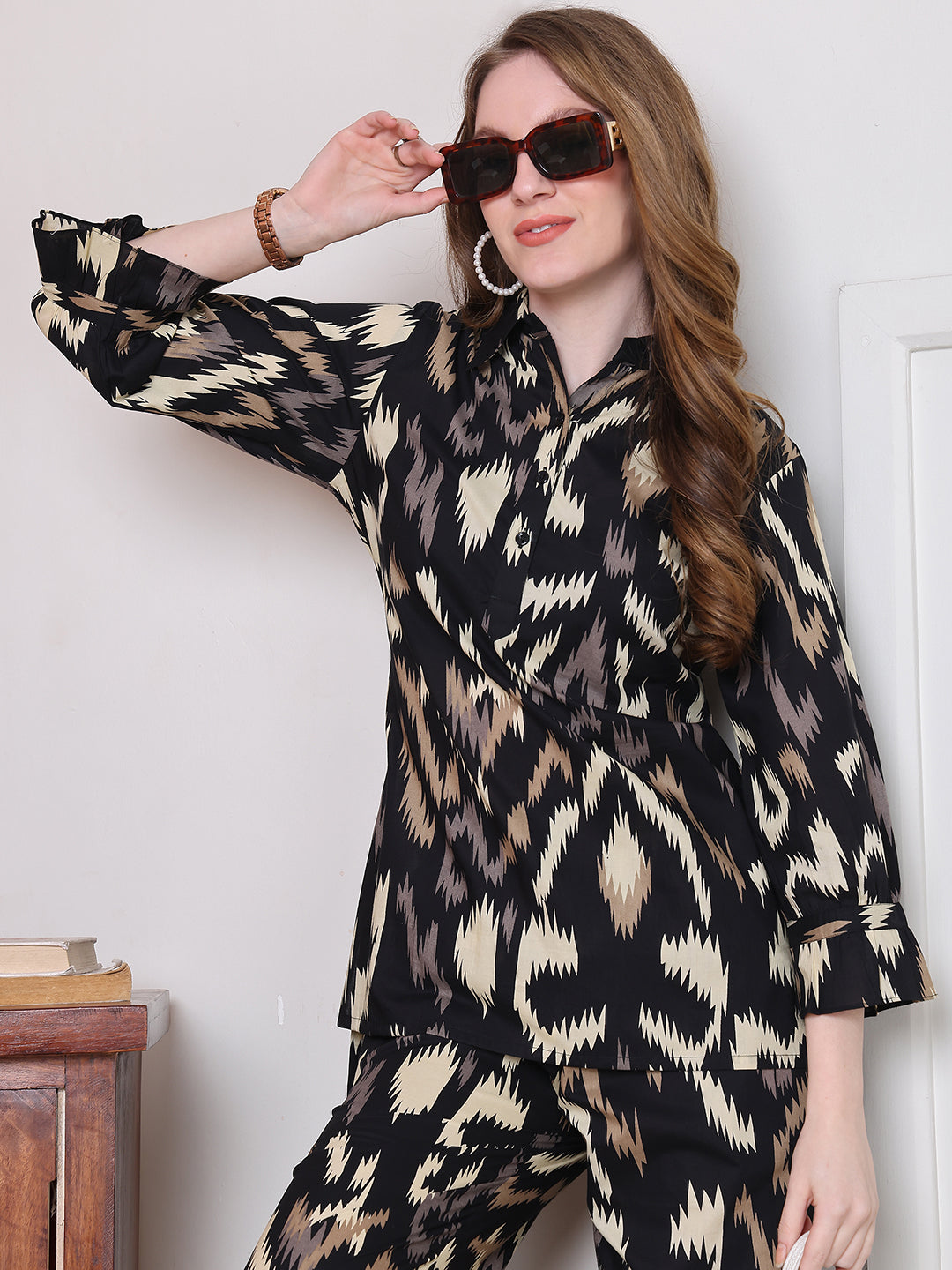 Black Abstract Printed Cotton Co-Ord Set for Women | Claura