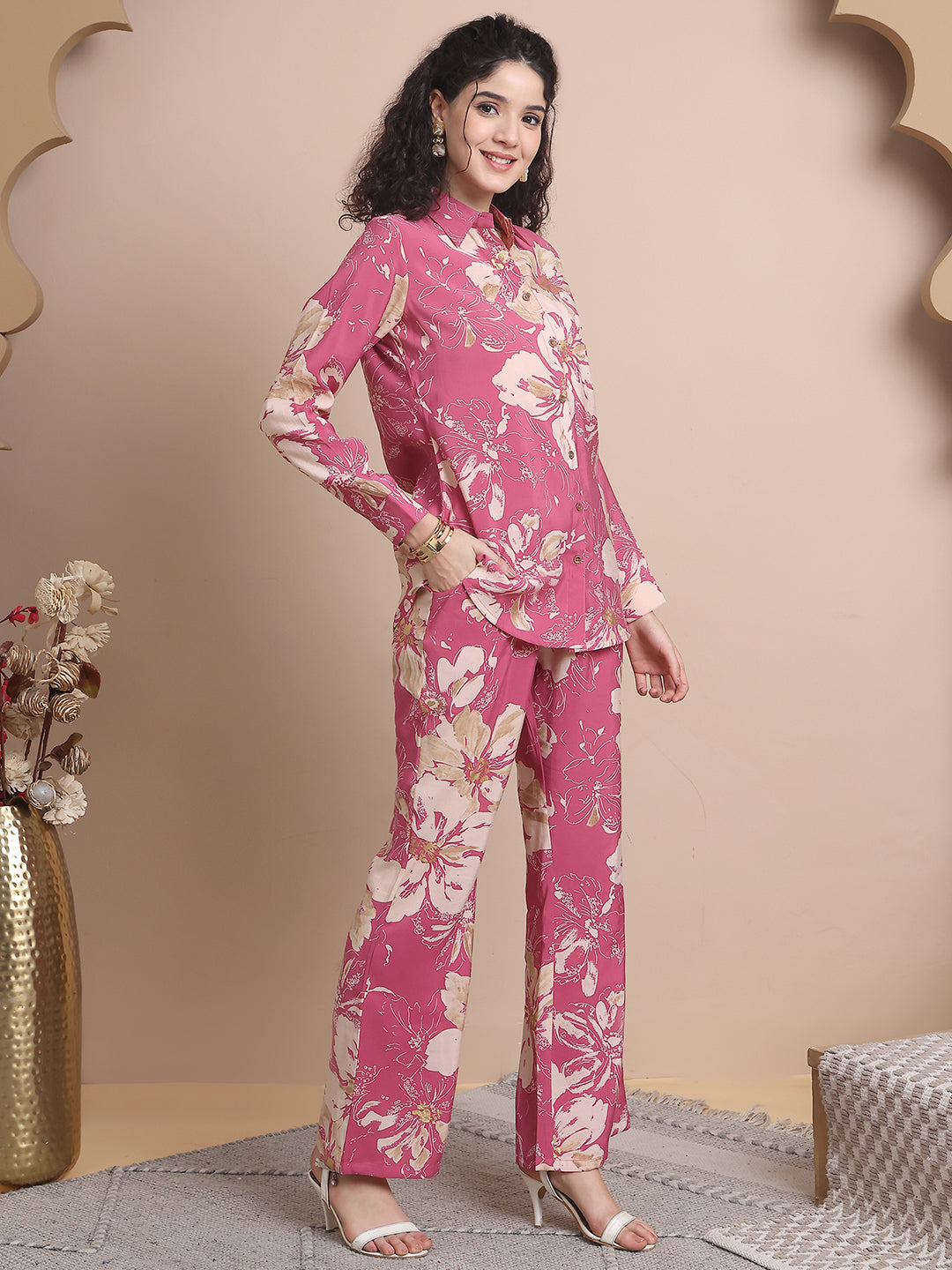 Pink Co-Ord Set with Wide-Leg Pants & Shirt Collar Top