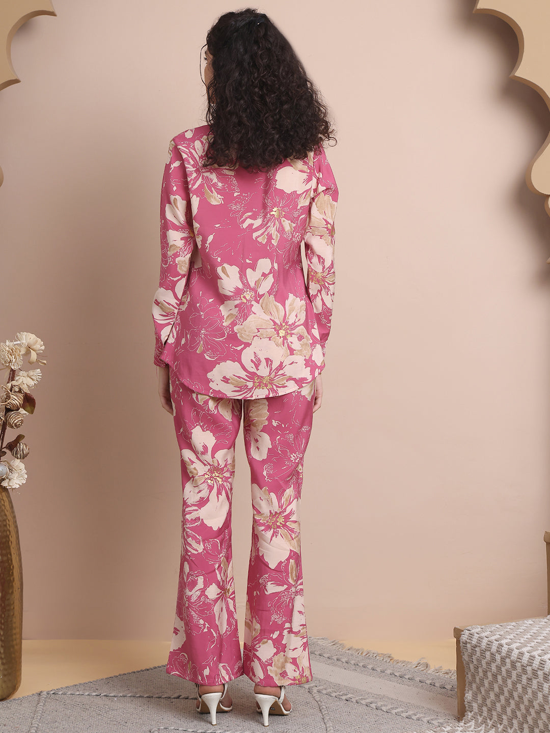 Back view of model styling Pink floral co-ord outfit