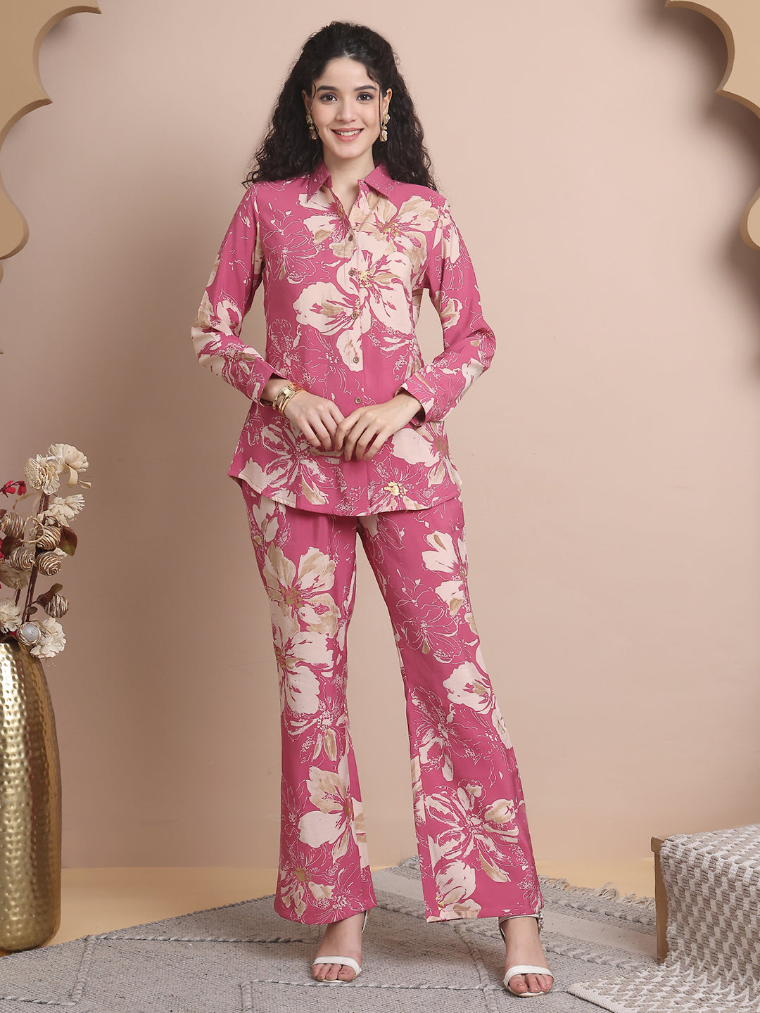 Woman wearing Pink Floral Co-Ord Set