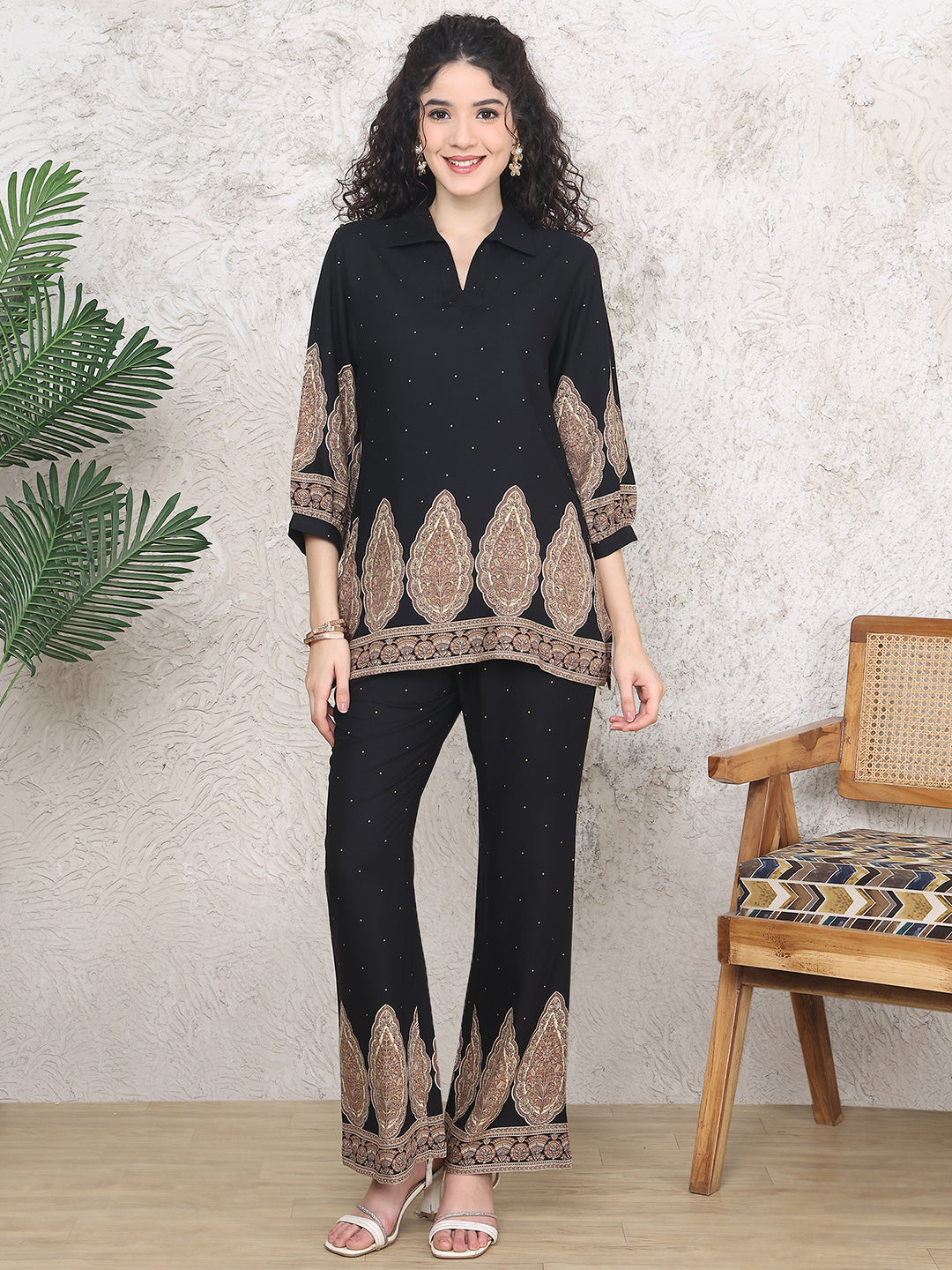 Black Abstract Co-Ord Set with relaxed pants & Mandarin Collar Top