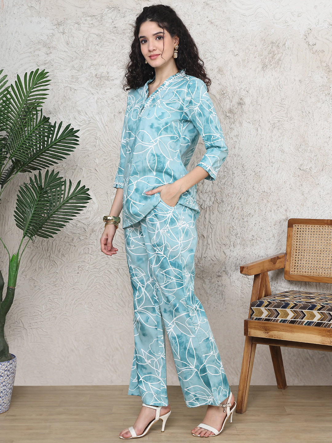 Model relaxing in comfortable Blue Cotton co-ord outfit