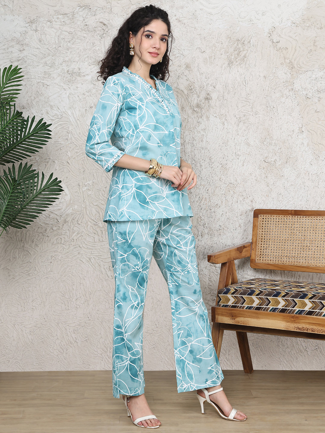 Blue Co-Ord Set with Trousers and 3/4 Sleeves