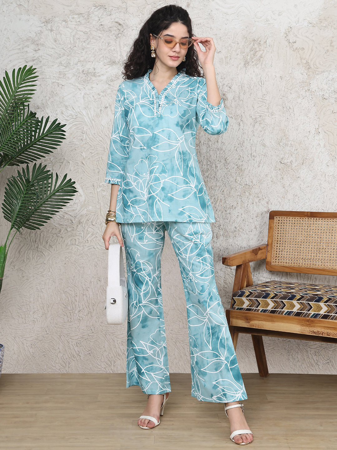 Blue Co-Ord Set with Trousers and 3/4 Sleeves